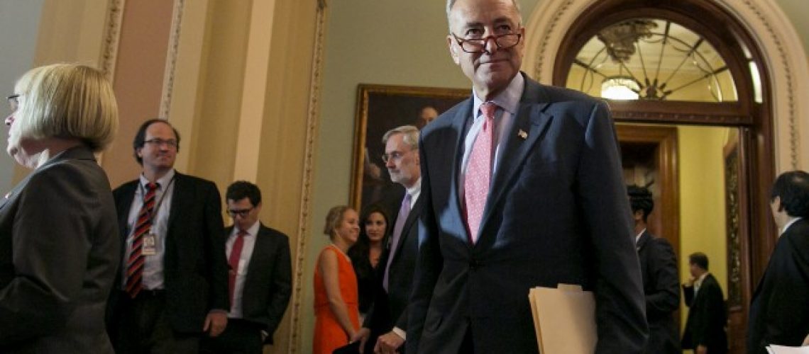 Senator Chuck Schumer arrives for a news conference after the Senate Policy luncheons in the Capitol, Tuesday, August 4, 2015. Al Drago/CQ Roll Call/AP Images.