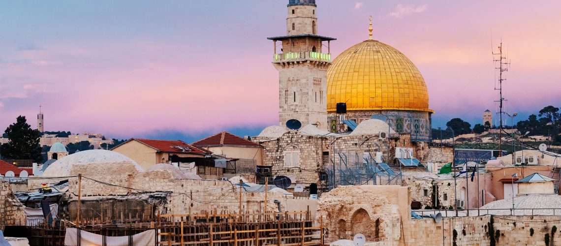 The Dome of the Rock in sunset with vibrant colors, is now one of the oldest works of Islamic architecture.It is famous as Jerusalem's most recognizable landmark.