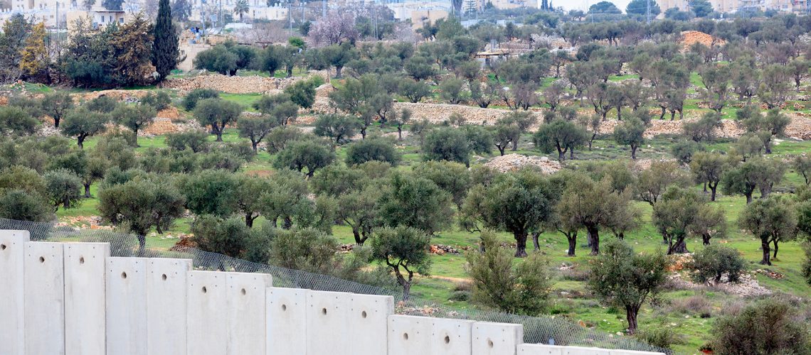 Israeli West Bank barrier in the north side of Bethlehem. In the background, an Israeli settlement.
